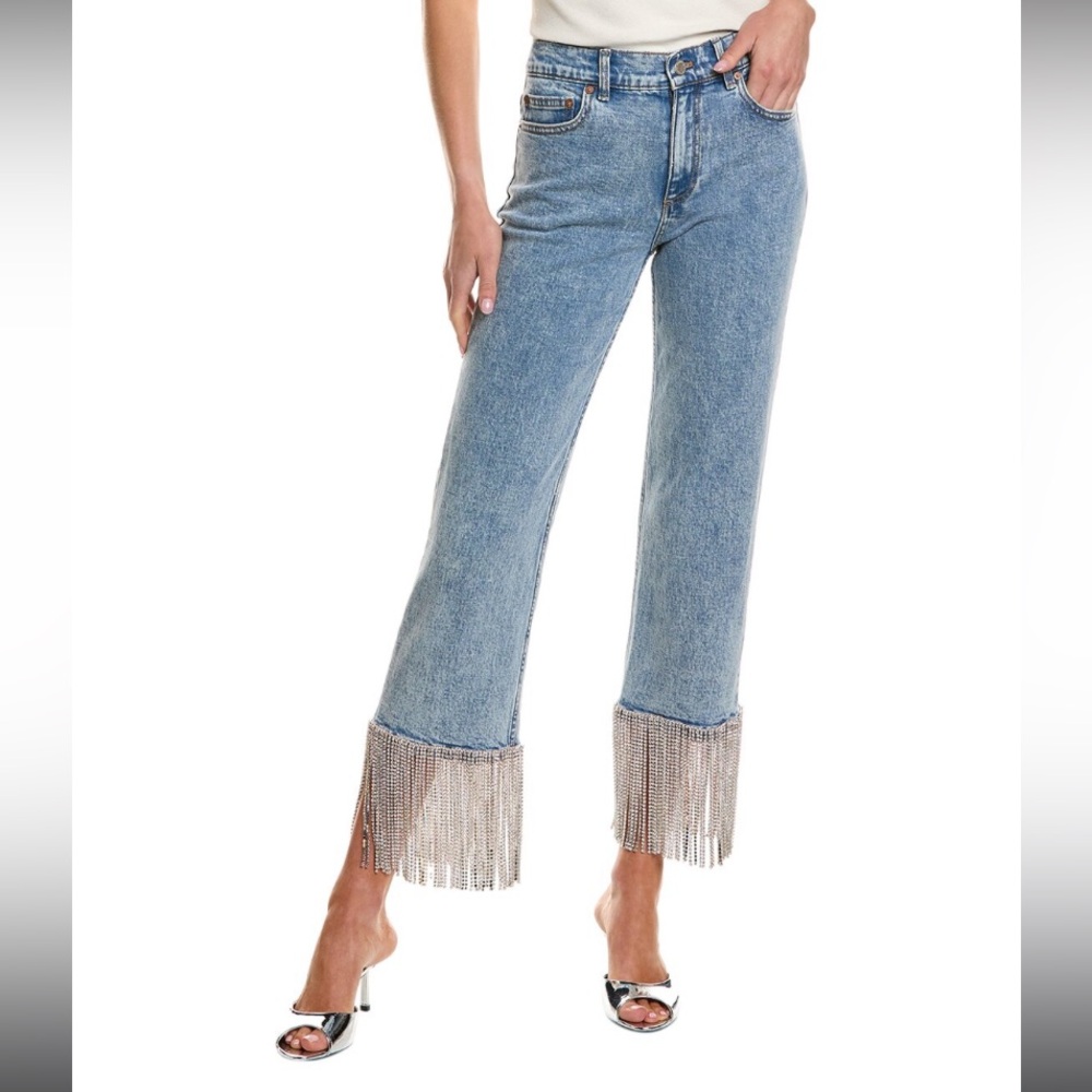 ALICE + OLIVIA AMAZING CRYSTAL EMBELLISHED HEM JEAN